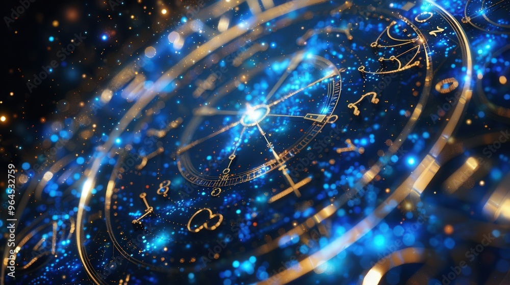 A stunning close-up of a celestial clock, featuring intricate designs and a starry background, perfect for astrology and time themes. A stunning close-up of a celestial clock, featuring intricate designs and a starry background, perfect for astrology and time themes.