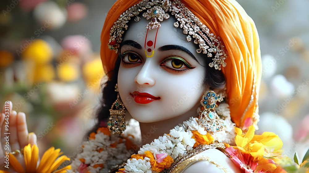 A serene depiction of a deity adorned with flowers and traditional attire.