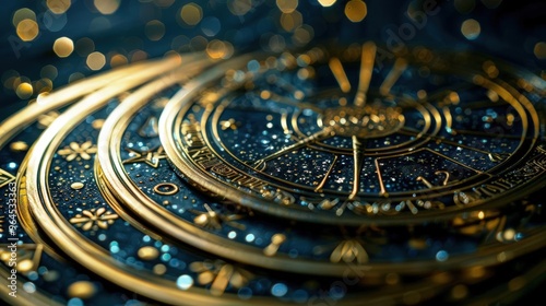 Intricate golden compass against a shimmering dark background, perfect for themes of navigation, adventure, and exploration.