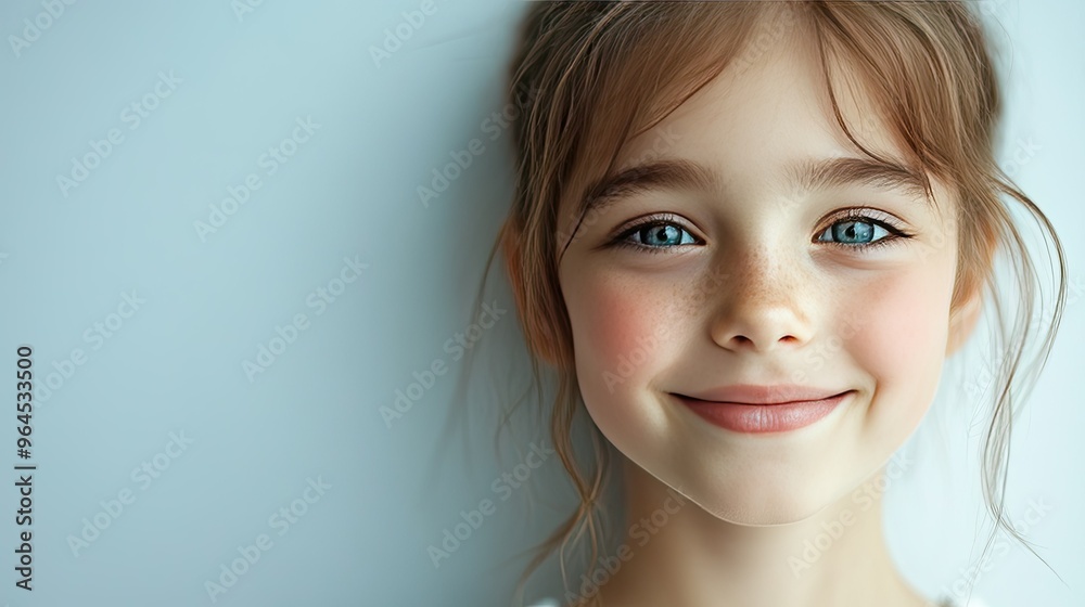 Close-up of a girl smiling softly with ample copy space on the right against a plain background.