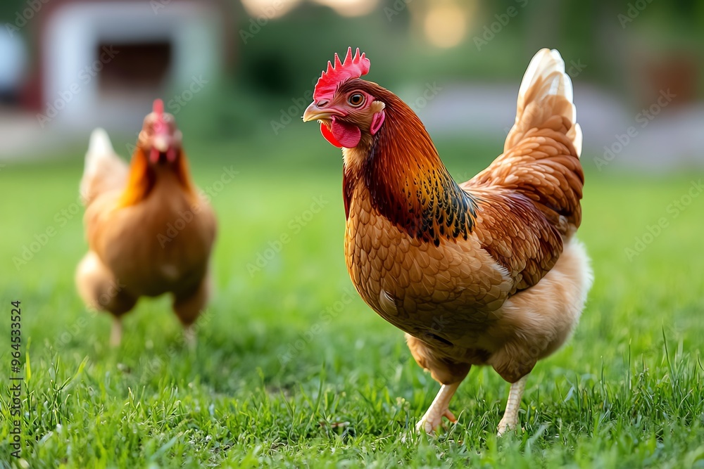 Fototapeta premium Poultry farm, natural pest control, chickens as helpers uses chickens to control pests naturally, reducing the need for chemicals