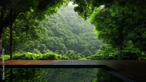 A minimalist wooden platform overlooking a tranquil pool, nestled amidst lush green foliage, offering a serene escape into nature's embrace. The platform symbolizes tranquility, connection to nature, 