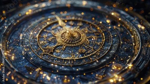 Wallpaper Mural A close-up of an ornate astrological compass adorned with golden details and sparkles, set against a deep blue background. Torontodigital.ca