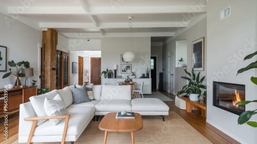 White corner sofa by the fireplace in a Scandinavian-inspired modern living room.