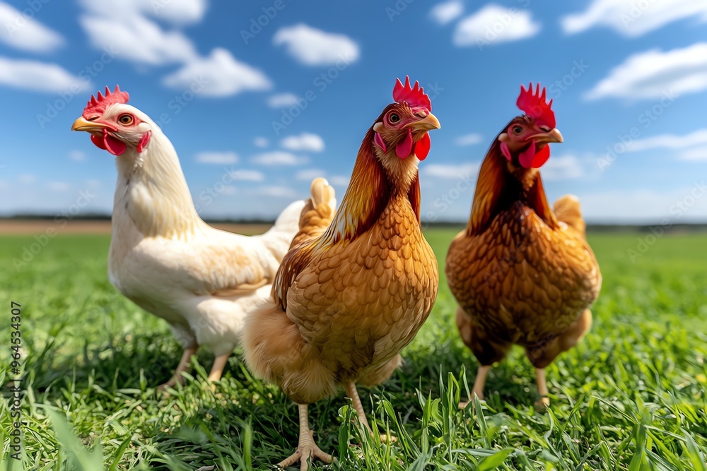 Fototapeta premium Poultry farm, rotational grazing, sustainable feed cycle rotates chickens through different pastures, improving soil health and providing fresh food
