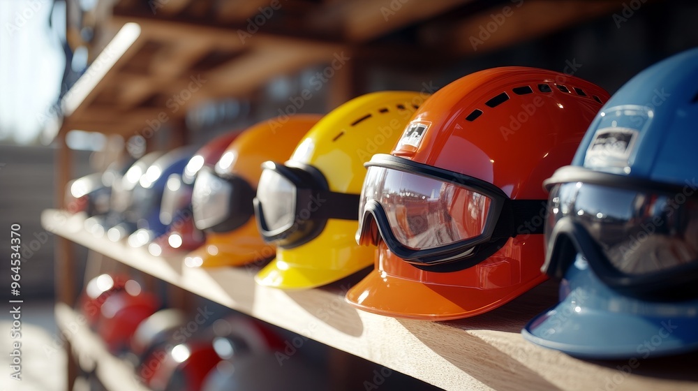 A row of safety helmets with goggles on top, showcasing a variety of colors and designs. These helmets are essential for safety in construction, industrial, and other hazardous work environments. They A row of safety helmets with goggles on top, showcasing a variety of colors and designs. These helmets are essential for safety in construction, industrial, and other hazardous work environments. They