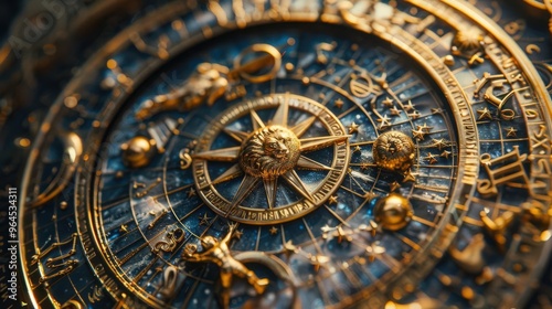 Wallpaper Mural Intricate astrology wheel featuring zodiac symbols and celestial designs in gold and blue hues. Torontodigital.ca