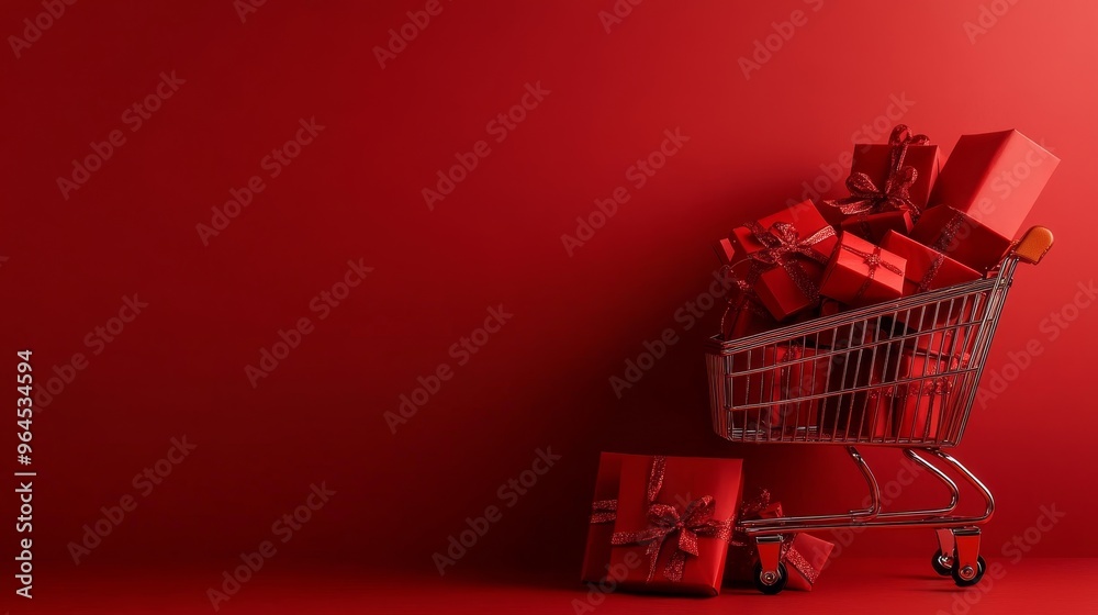 A shopping cart overflowing with red gift boxes sits against a red backdrop, symbolizing the joy of giving, the abundance of holiday shopping, the excitement of receiving presents, the anticipation of A shopping cart overflowing with red gift boxes sits against a red backdrop, symbolizing the joy of giving, the abundance of holiday shopping, the excitement of receiving presents, the anticipation of