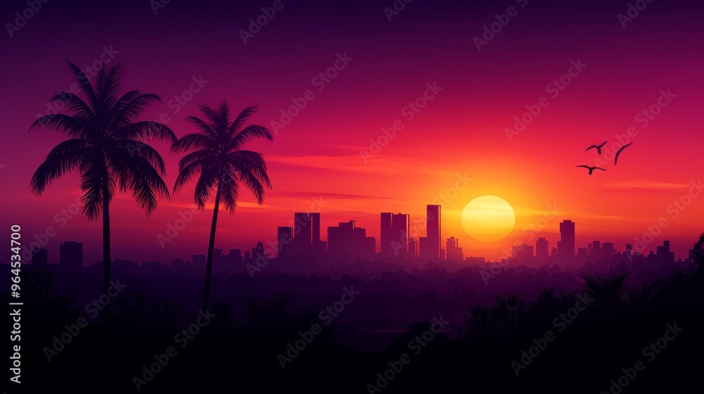 A silhouette of a city skyline with palm trees in the foreground, against a vibrant sunset sky. The setting sun casts a warm glow on the cityscape, symbolizing hope, beauty, and the end of a day. The A silhouette of a city skyline with palm trees in the foreground, against a vibrant sunset sky. The setting sun casts a warm glow on the cityscape, symbolizing hope, beauty, and the end of a day. The