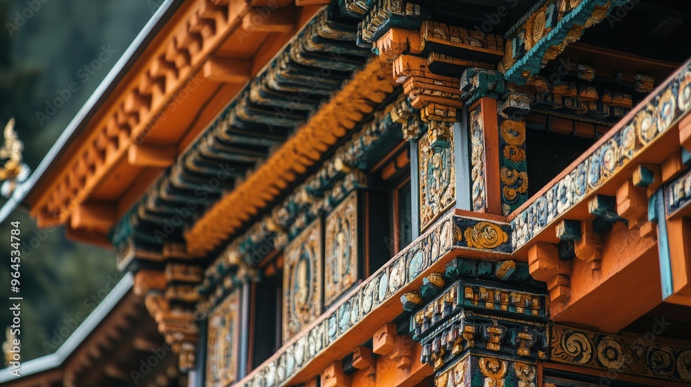 A close-up of the traditional Bhutanese architecture of Tiger's Nest Monastery, with its ornate details. A close-up of the traditional Bhutanese architecture of Tiger's Nest Monastery, with its ornate details.