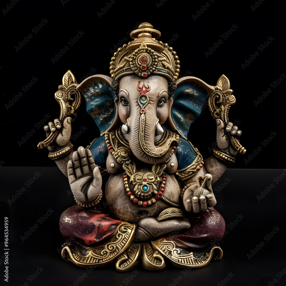 Fototapeta premium An exquisitely crafted Ganesha statue embellished with intricate details, traditional clothing, and colorful hues, representing wisdom and abundance. Ideal for cultural and spiritual themes