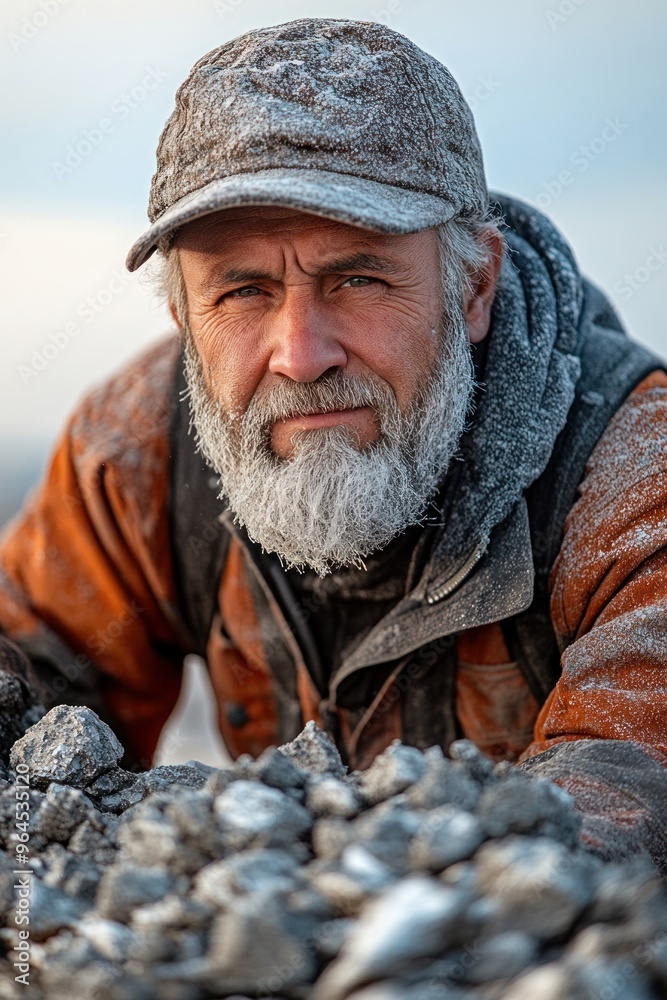 A rugged man showcases his expertise while sorting through rocks outdoors A rugged man showcases his expertise while sorting through rocks outdoors