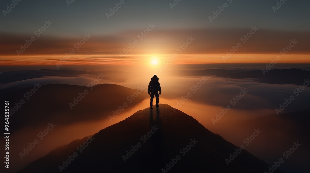A solitary hiker stands on the peak of a mountain, bathed in the golden light of a setting sun. The mist swirls around him, creating an ethereal and inspiring atmosphere. The hiker symbolizes achievem A solitary hiker stands on the peak of a mountain, bathed in the golden light of a setting sun. The mist swirls around him, creating an ethereal and inspiring atmosphere. The hiker symbolizes achievem