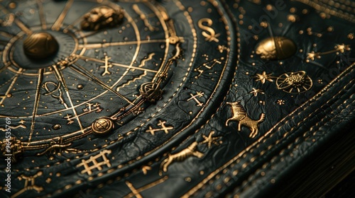 Intricate leather design featuring astrological symbols and constellations, perfect for mysticism and fortune-telling themes. photo