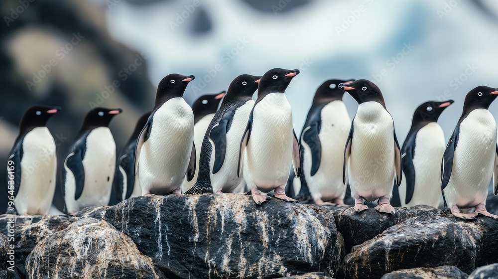 Obraz premium A colony of Adlie penguins standing on a rocky outcrop in Antarctica, with the icy landscape stretching out behind them.