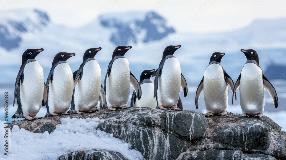 Obraz premium A colony of Adlie penguins standing on a rocky outcrop in Antarctica, with the icy landscape stretching out behind them.