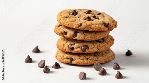A stack of four freshly baked chocolate chip cookies, perfectly aligned on a white surface, with a few scattered chocolate chips around them, symbolizing the warmth and sweetness of homemade treats, t