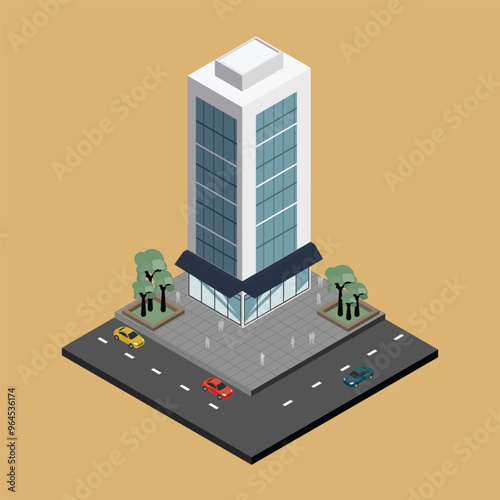 Modern Highrise Building with urban context in isometric view