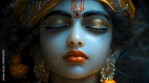 A serene depiction of a deity with closed eyes, adorned with jewelry and vibrant colors.