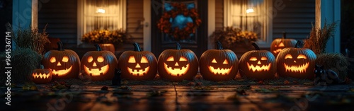 A line of carved pumpkins illuminates the porch during Halloween night festivities photo