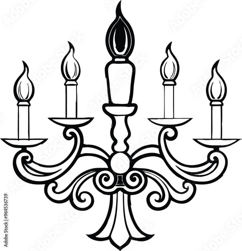 Candle and Candlestick Chandelier line art vector illustration