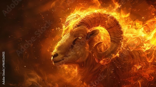 A fierce ram surrounded by flames, symbolizing power and strength in a captivating and fiery setting.