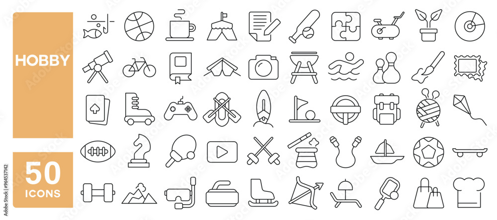 Set of 50 line icons related to hobby, free time, hiking, acting, traveling, cooking, fishing, chess, painting, cycling, Editable stroke. Vector illustration Set of 50 line icons related to hobby, free time, hiking, acting, traveling, cooking, fishing, chess, painting, cycling, Editable stroke. Vector illustration