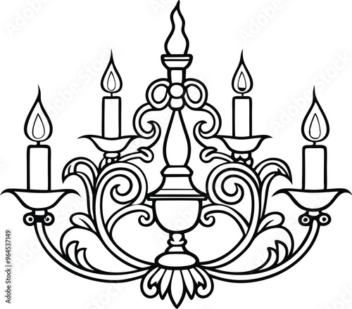 Candle and Candlestick Chandelier line art vector illustration