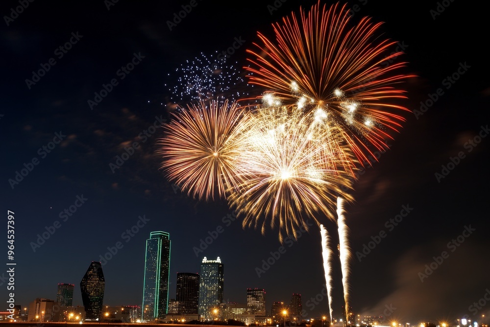 A vibrant fireworks display explodes over a city skyline, creating a dazzling spectacle of color and light. The fireworks burst in a kaleidoscope of reds, oranges, yellows, and whites, illuminating th A vibrant fireworks display explodes over a city skyline, creating a dazzling spectacle of color and light. The fireworks burst in a kaleidoscope of reds, oranges, yellows, and whites, illuminating th