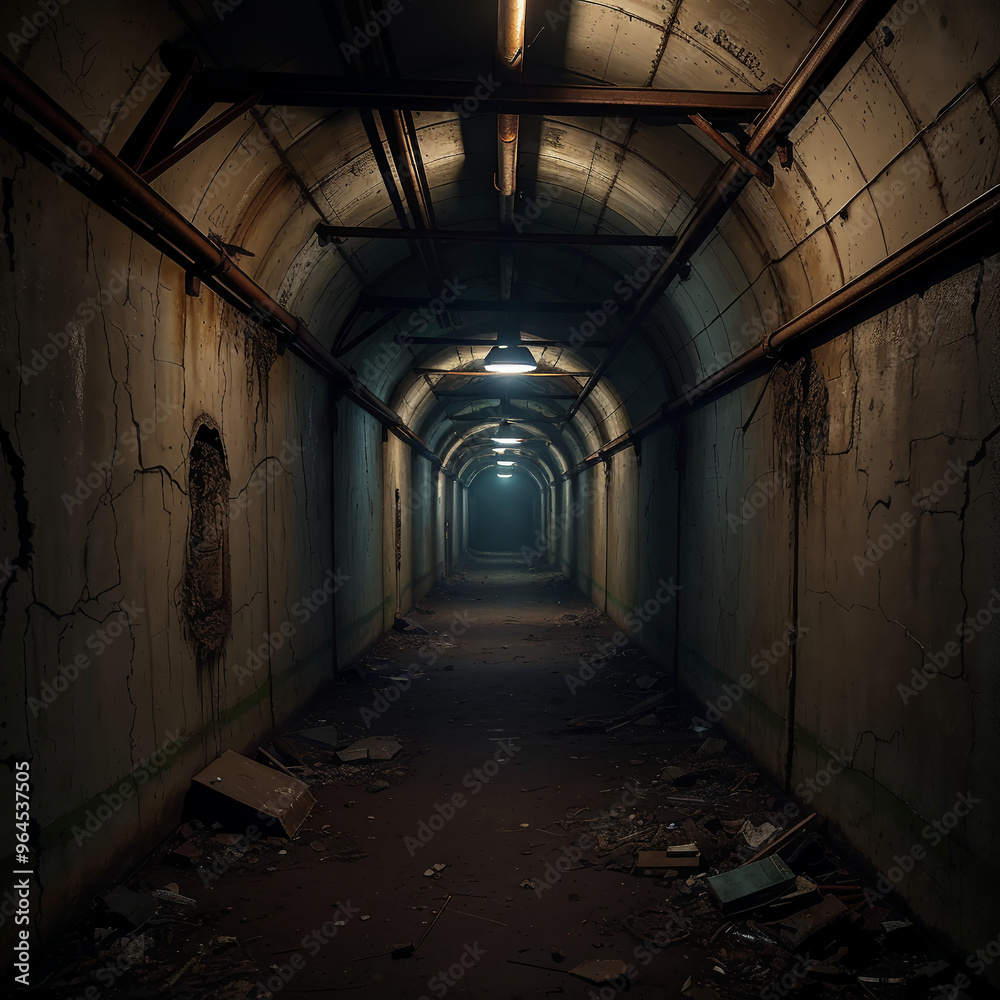 Abandoned Concrete Tunnel with Industrial Lighting and Cracked Walls Abandoned Concrete Tunnel with Industrial Lighting and Cracked Walls