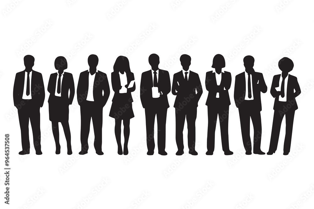 Vector silhouettes of men and women, a group of standing business people, black color isolated on a white background Vector silhouettes of men and women, a group of standing business people, black color isolated on a white background