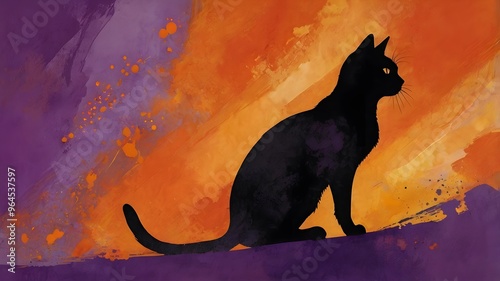 An abstract painting of a black cat silhouette against a background of orange and purple hues, perfect for Halloween photo