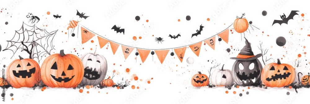 Fototapeta premium A watercolor illustration of a Halloween party banner with pumpkins, bats, spiders, and confetti. The pumpkins are all smiling and have different expressions. The banner is decorated with orange and b