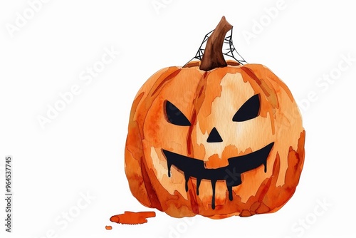 A watercolor illustration of a jack-o'-lantern with a menacing grin and dripping blood, symbolizing Halloween, spooky, scary, evil, and celebration.