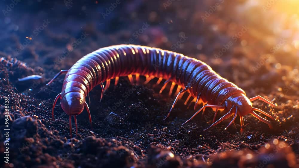 A close-up of a red and purple millipede on the forest floor. A close-up of a red and purple millipede on the forest floor.