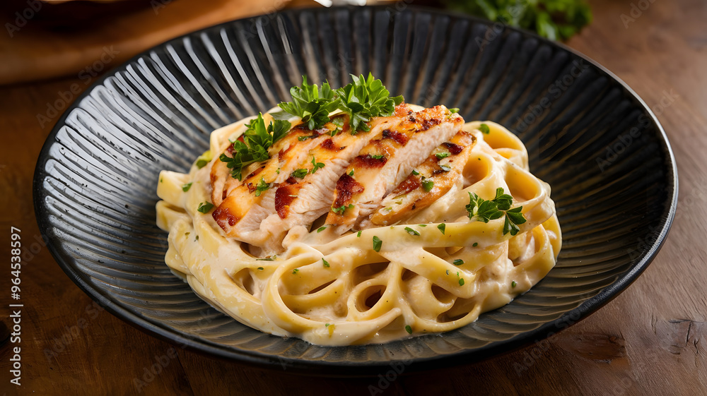 A serving of fettuccine alfredo with a rich, creamy sauce, topped with grilled chicken and fresh parsley, served on a deep white plate. A serving of fettuccine alfredo with a rich, creamy sauce, topped with grilled chicken and fresh parsley, served on a deep white plate.
