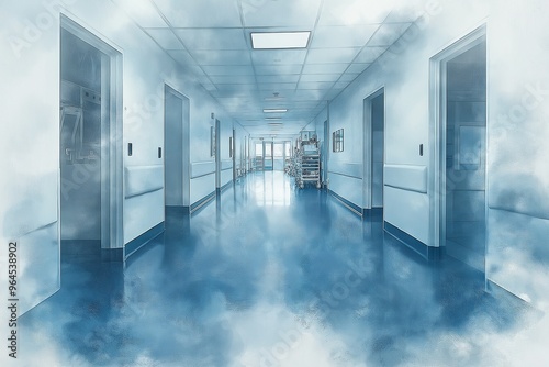 A modern hospital corridor illustrated in soft tones, featuring medical carts and bright lighting, symbolizing cleanliness and professionalism in a healthcare environment