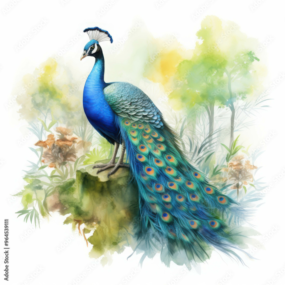 Obraz premium Peacock Watercolor: A majestic peacock with vibrant blue and green plumage stands proudly on a rock, surrounded by delicate watercolor foliage. The intricate details and soft colors create a sense of 