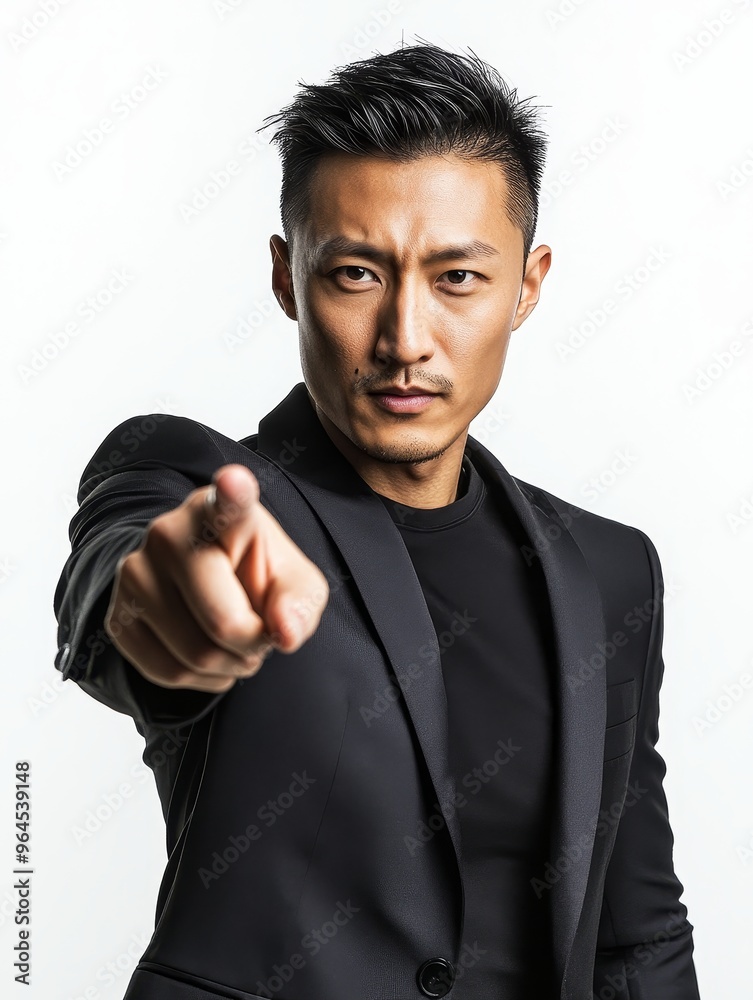 An assertive Asian man with short black hair and a serious expression wears a black suit jacket and a black shirt, and is pointing directly at the camera. The image conveys focus, determination, leade An assertive Asian man with short black hair and a serious expression wears a black suit jacket and a black shirt, and is pointing directly at the camera. The image conveys focus, determination, leade