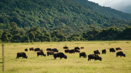 A herd of buffalo grazing in the lush fields of Kenya Aberdare National Park.