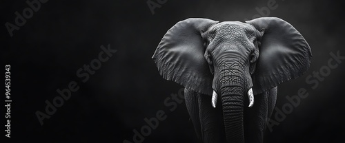 Close-up portrait of a majestic African elephant with large ears and tusks against a dark background.