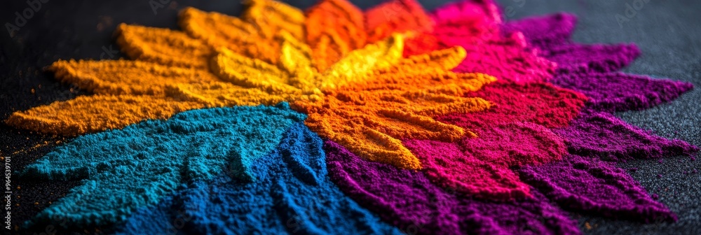 This image showcases a beautiful and intricate Rangoli design created with vibrant colored powders. The colors symbolize prosperity, happiness, good fortune, new beginnings, and the triumph of good ov