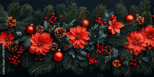 Festive holiday garland with red poinsettias, berries, and pine cones on a black background.