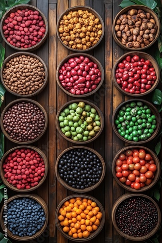 Colorful display of various fruits and nuts in wooden bowls on a wooden background.