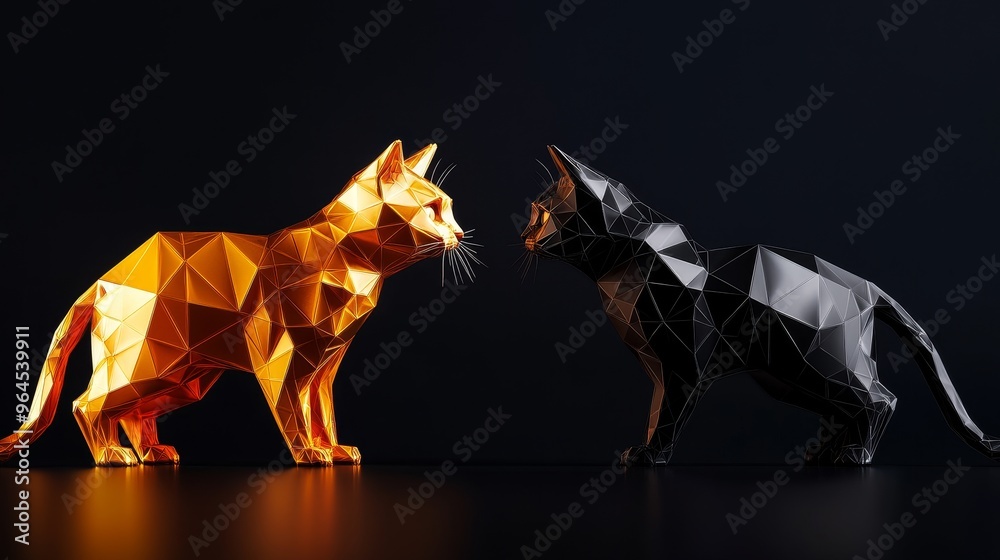Two 3D printed cats in a low poly style, one gold and one black, stand ...