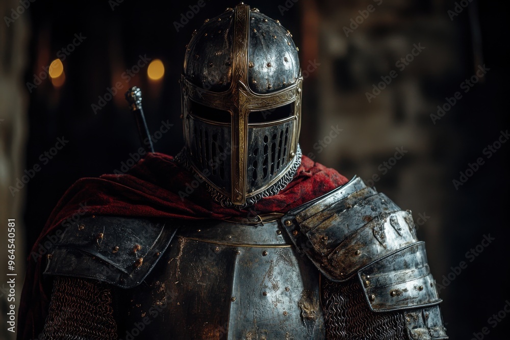 Medieval knight in full armor, cinematic photography, with copy space Medieval knight in full armor, cinematic photography, with copy space