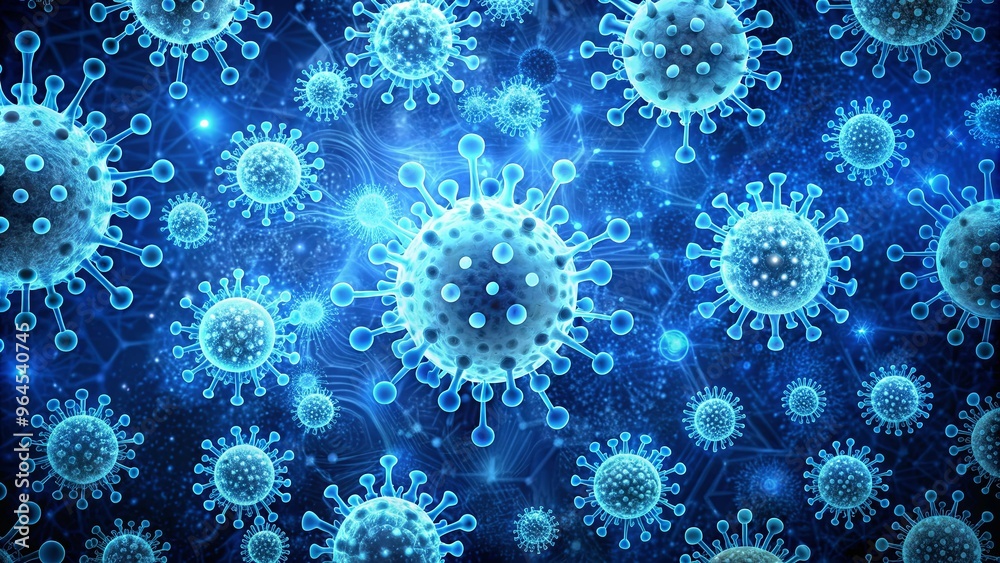 Abstract wallpaper design with virus motifs in shades of blue, perfect for digital backgrounds and technology-themed projects Abstract wallpaper design with virus motifs in shades of blue, perfect for digital backgrounds and technology-themed projects