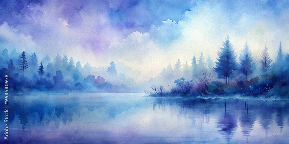 Tranquil watercolor painting in shades of blues and lavenders with soft mist