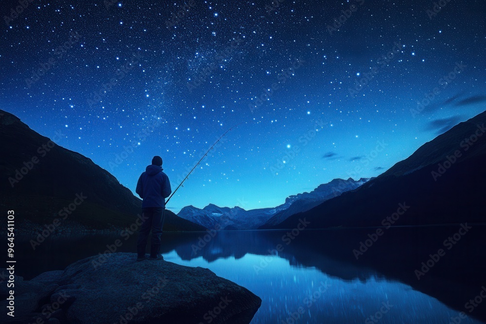 Obraz premium Night fishing under the stars, astro photography style, with copy space
