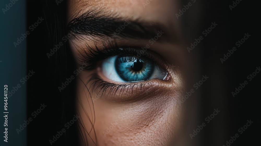 Close-Up of a Blue Eye with Intense Gaze and Detailed Eyelashes in Natural Light